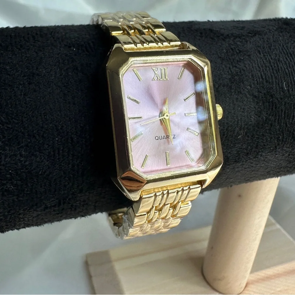 Anthropologie Gold Bracelet Watch with Pink Dial